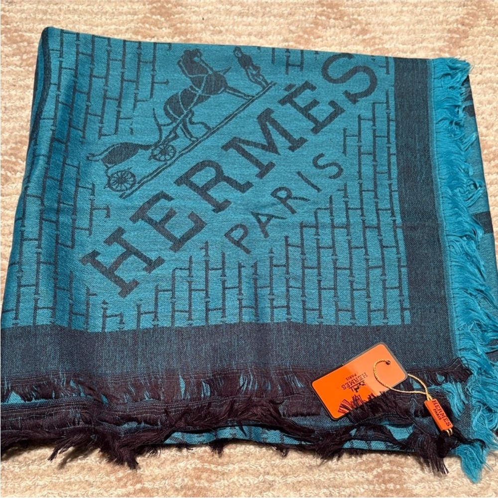 Hermes Teal and Black Scarf